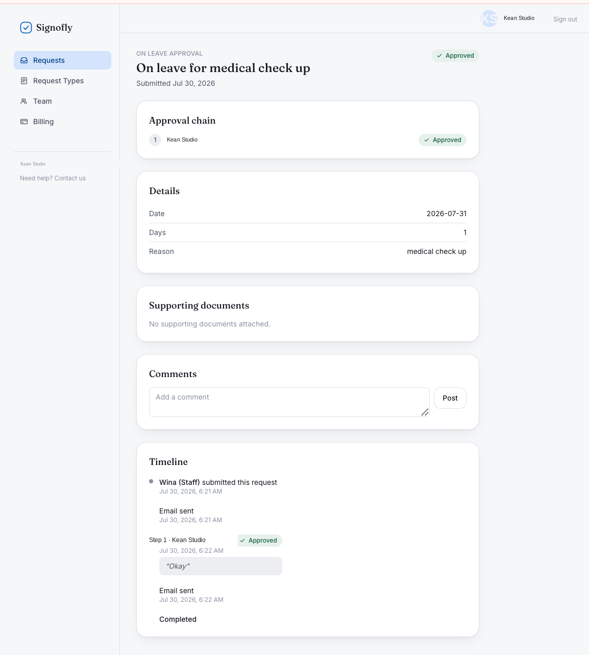 Signofly request detail page, with approval chain and full timeline