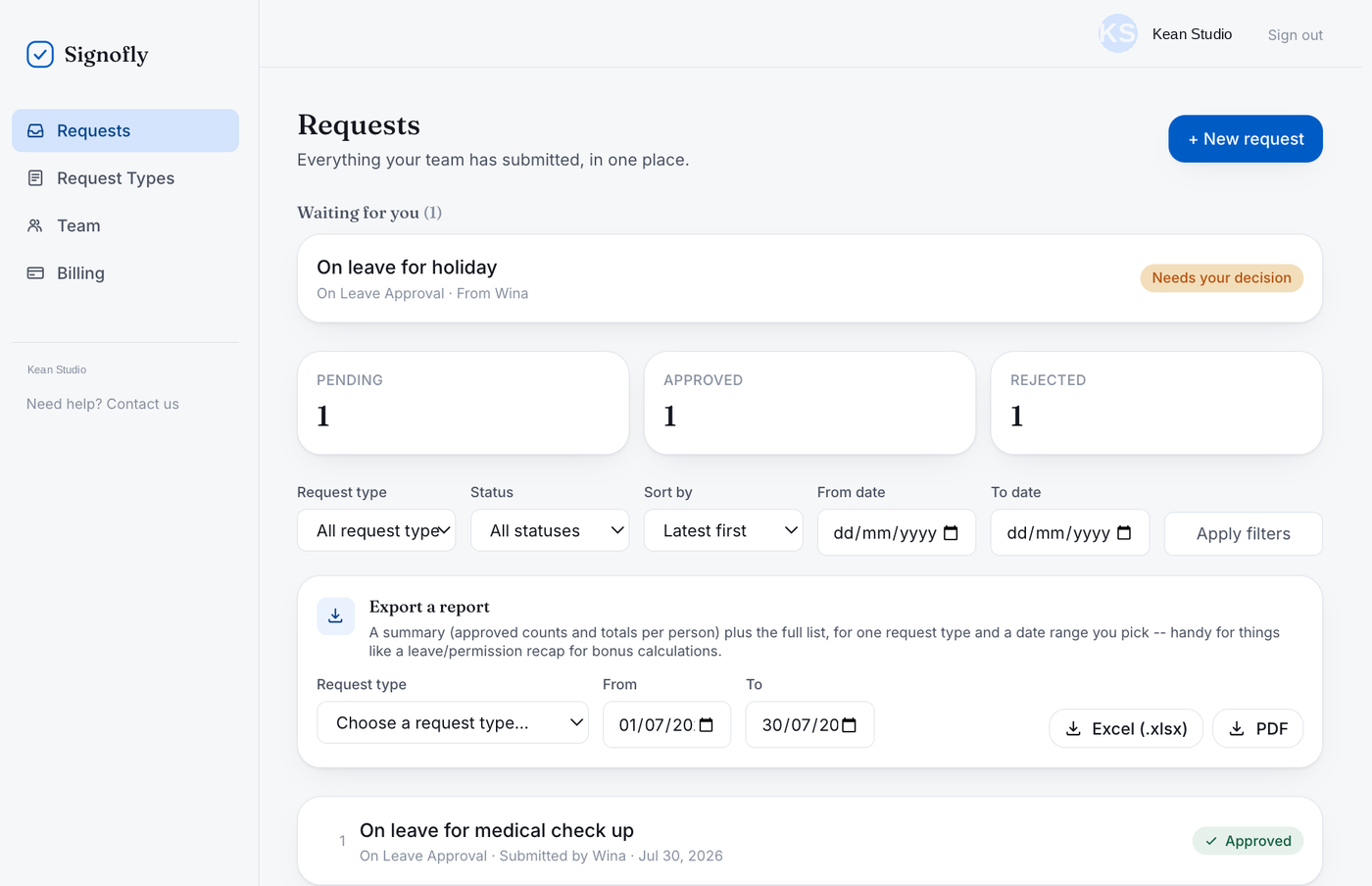 Signofly approval requests dashboard